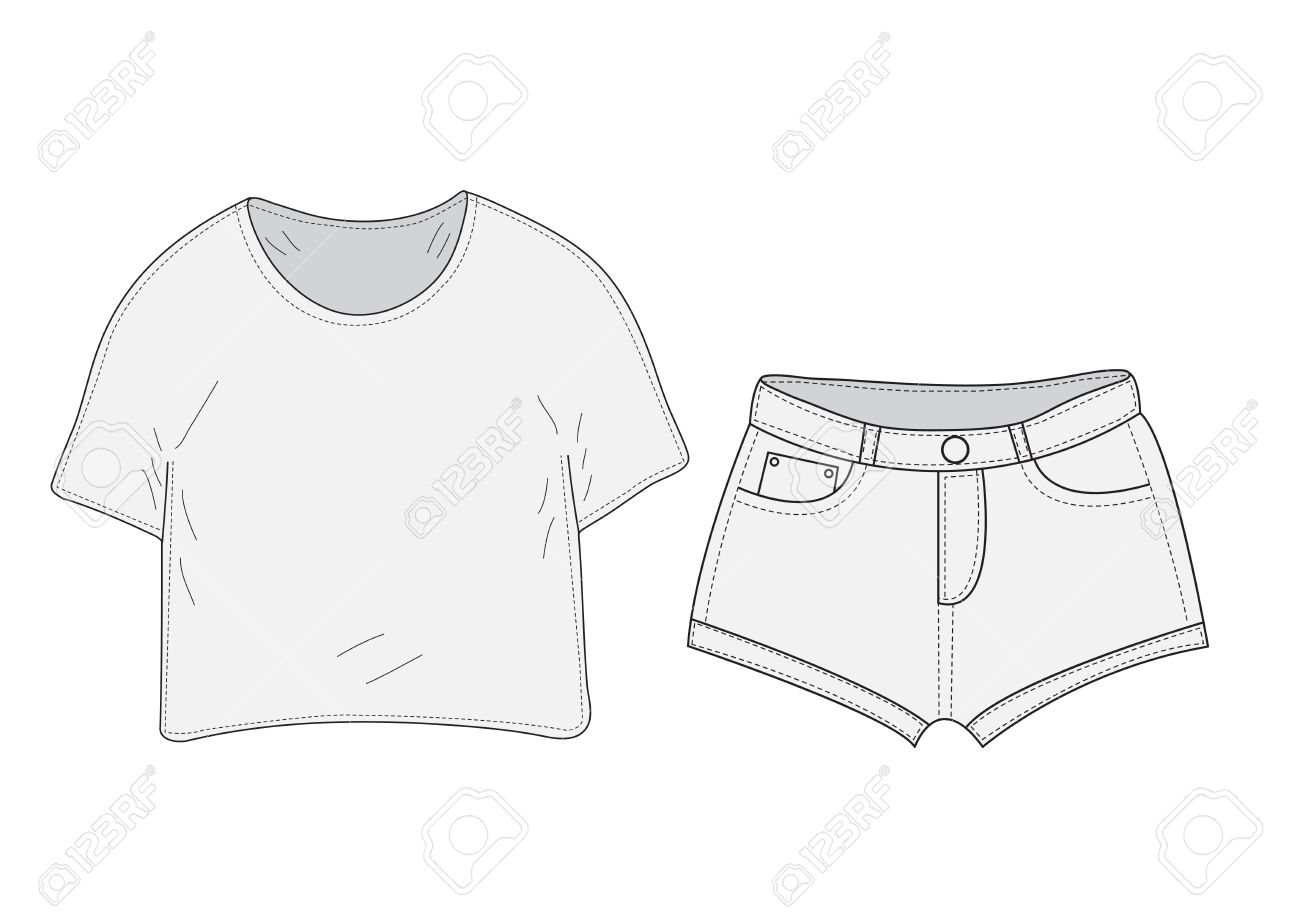 Camiseta Pantalones Cortos De De Dibujos, Estilo Botín. Ropa, Dibujo A Mano, De Dibujo. Trajes De Mujeres. Ilustración Vectorial. Ilustraciones Svg, Vectoriales, Clip Art Vectorizado Libre De Image
