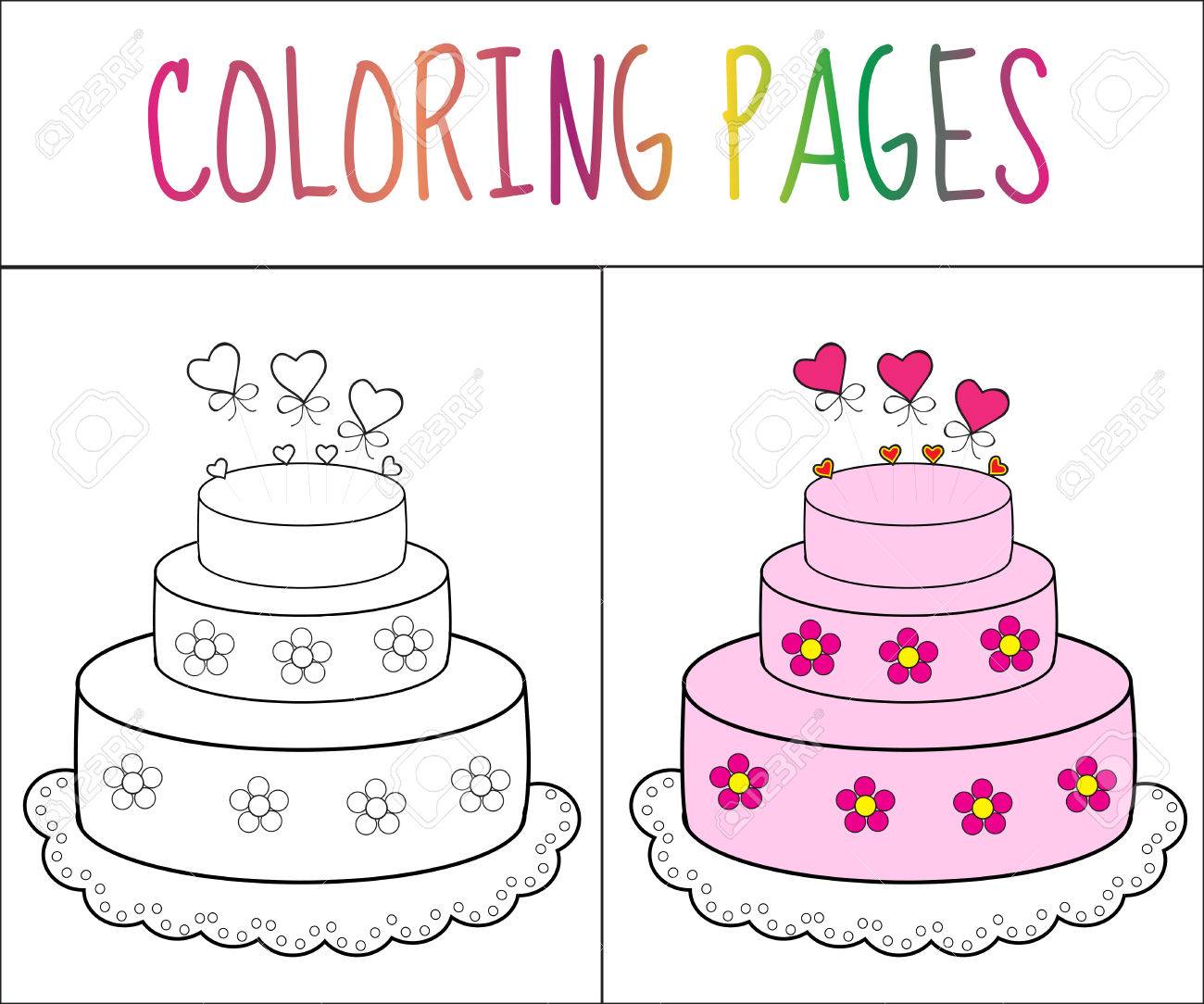 Coloring book page cake Sketch and color version Coloring for kids Vector illustration