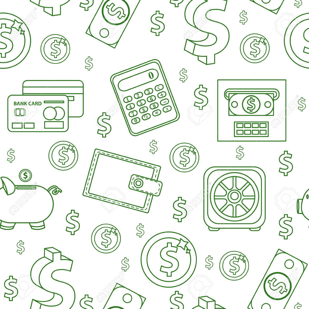 お金のシームレスなパターン、線のスタイル。財政無限の背景。ビジネス、銀行ドル、硬貨、コイン  ボックス、電卓を持つテクスチャーを繰り返しします。ベクトル図のイラスト素材・ベクター Image 91477546
