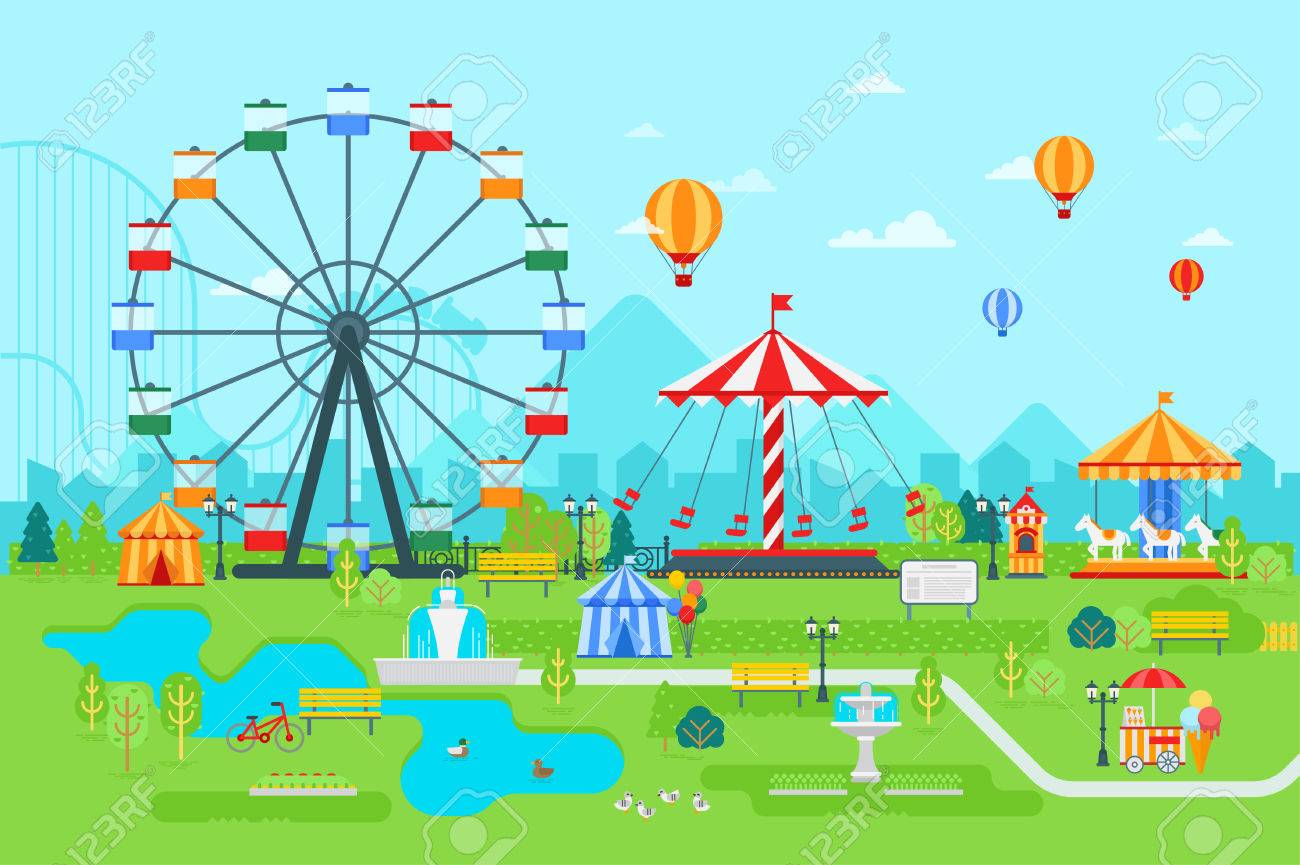 amusement park vector flat illustration at daytime with ferris
