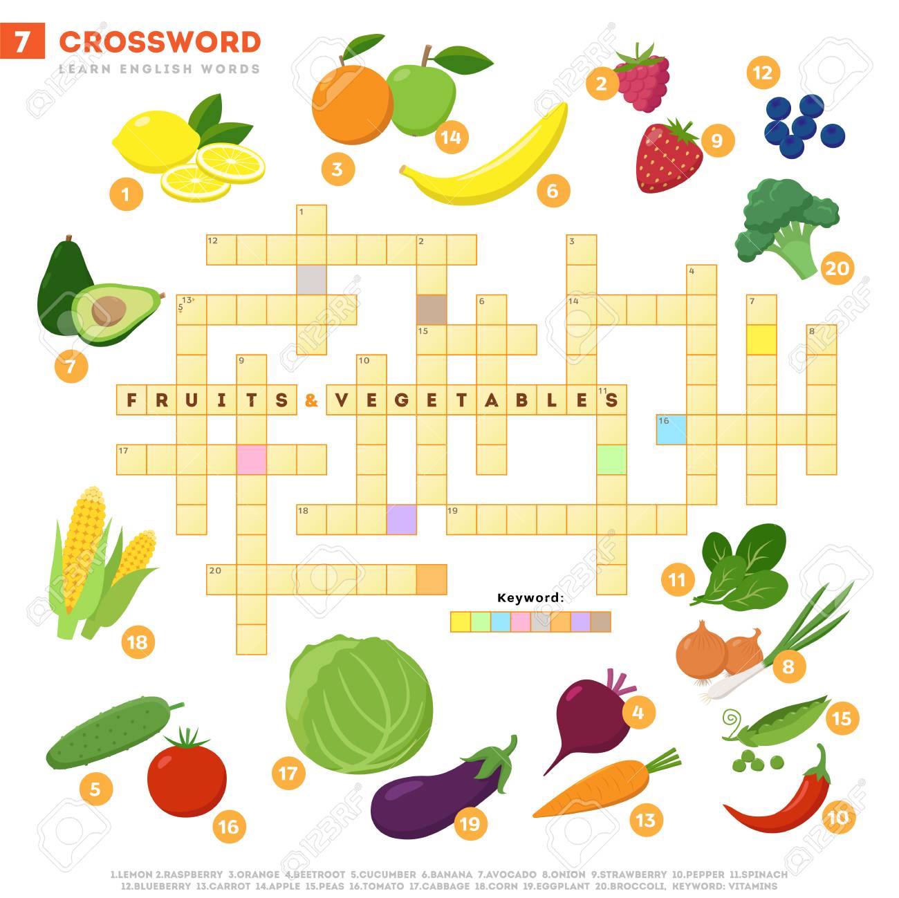Crossword With Huge Set Of Illustrations And Keyword In Vector Flat Design Isolated On White Background Crossword 7 Fruits And Vegetables Learning English Words With Images Isolaed On White Royalty