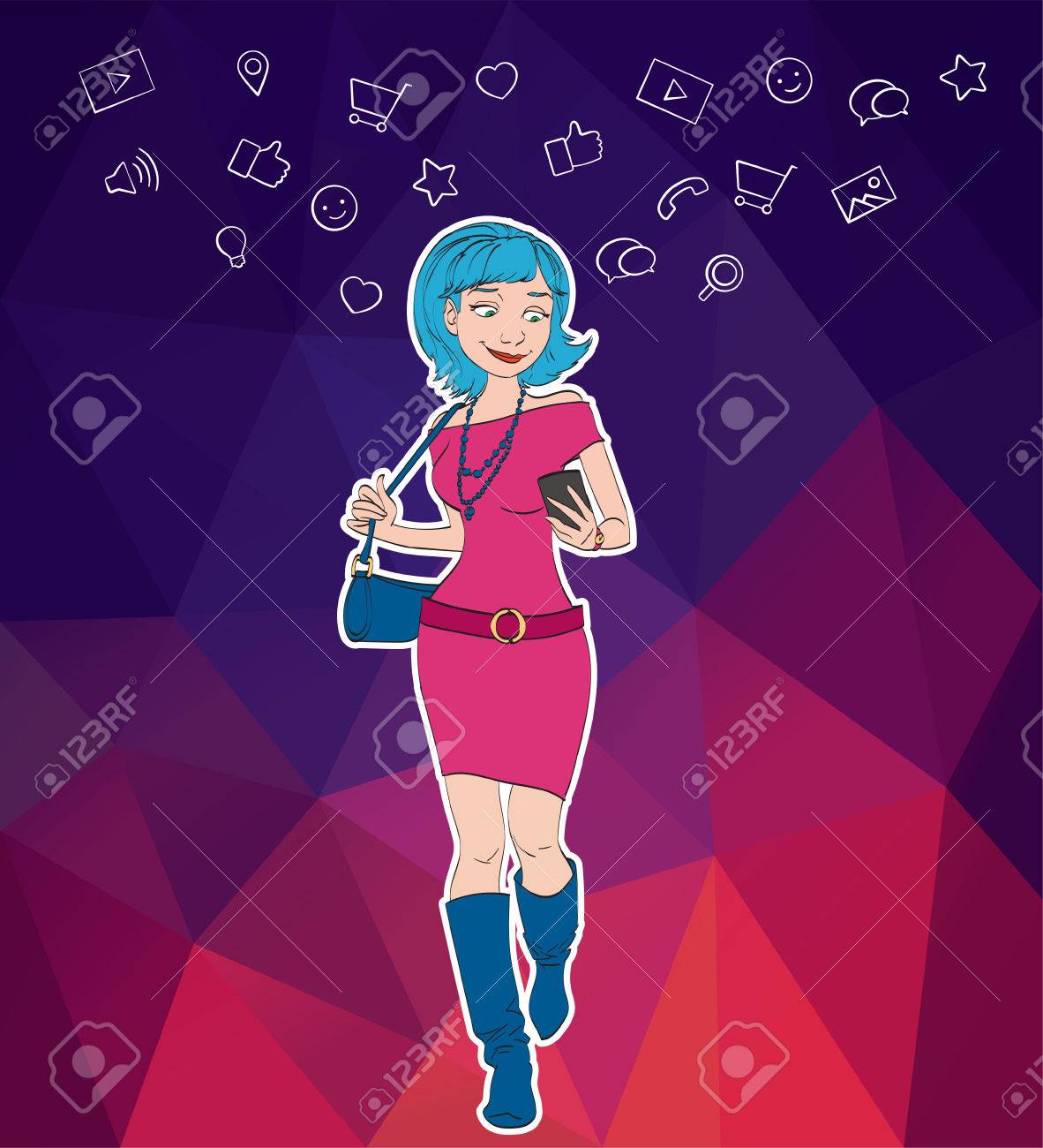 携帯電話アプリを見て女の子のイラスト素材 ベクタ Image