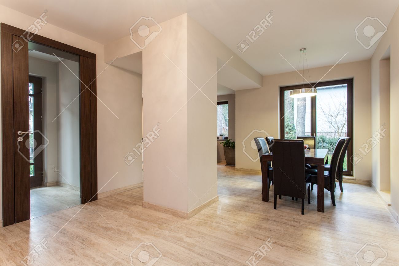 travertine house: hallway and a dining room stock photo, picture travertine house: hallway and a dining room stock photo, picture