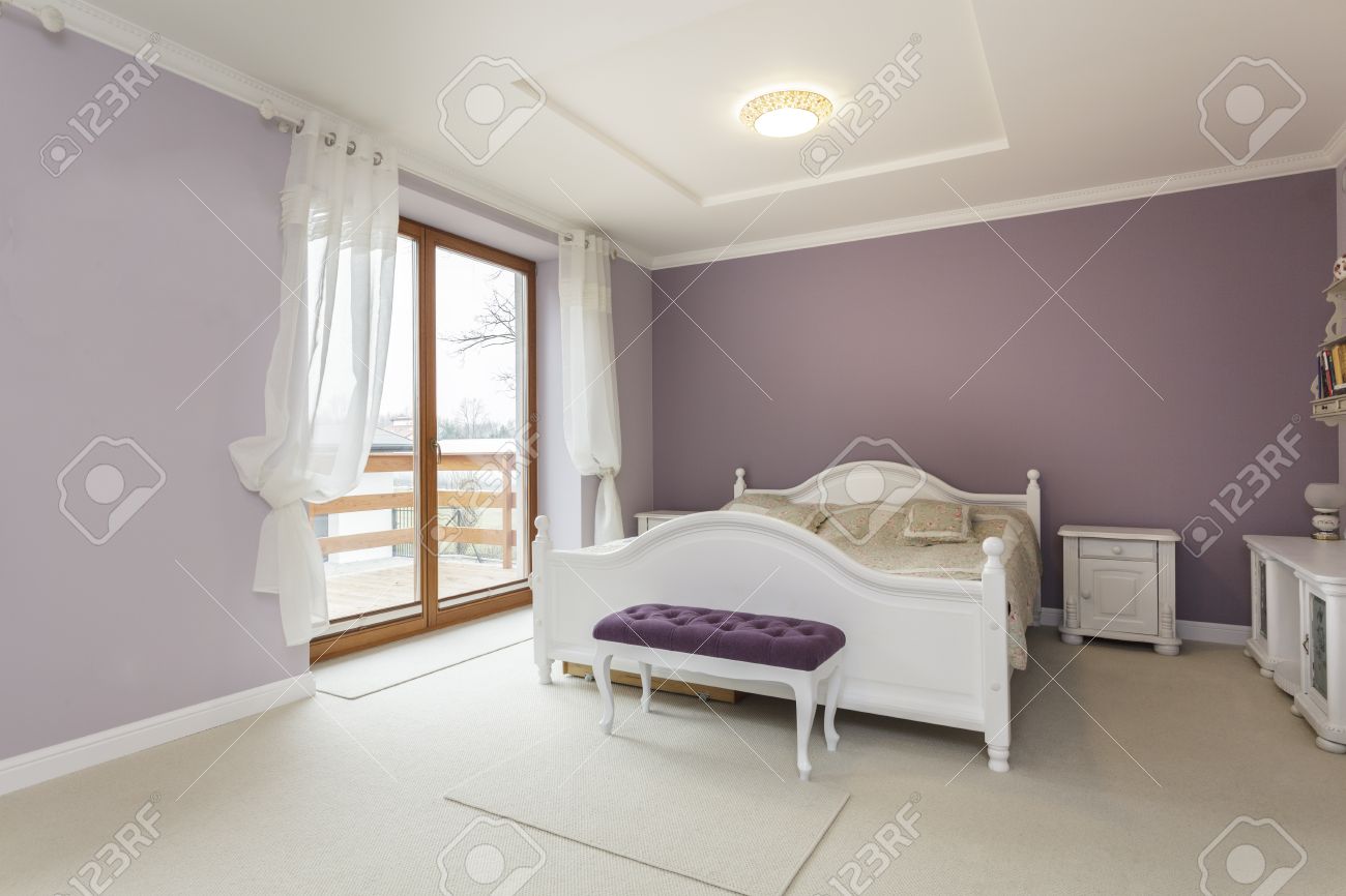 Tuscany Interior Of Purple Bedroom With White Furniture