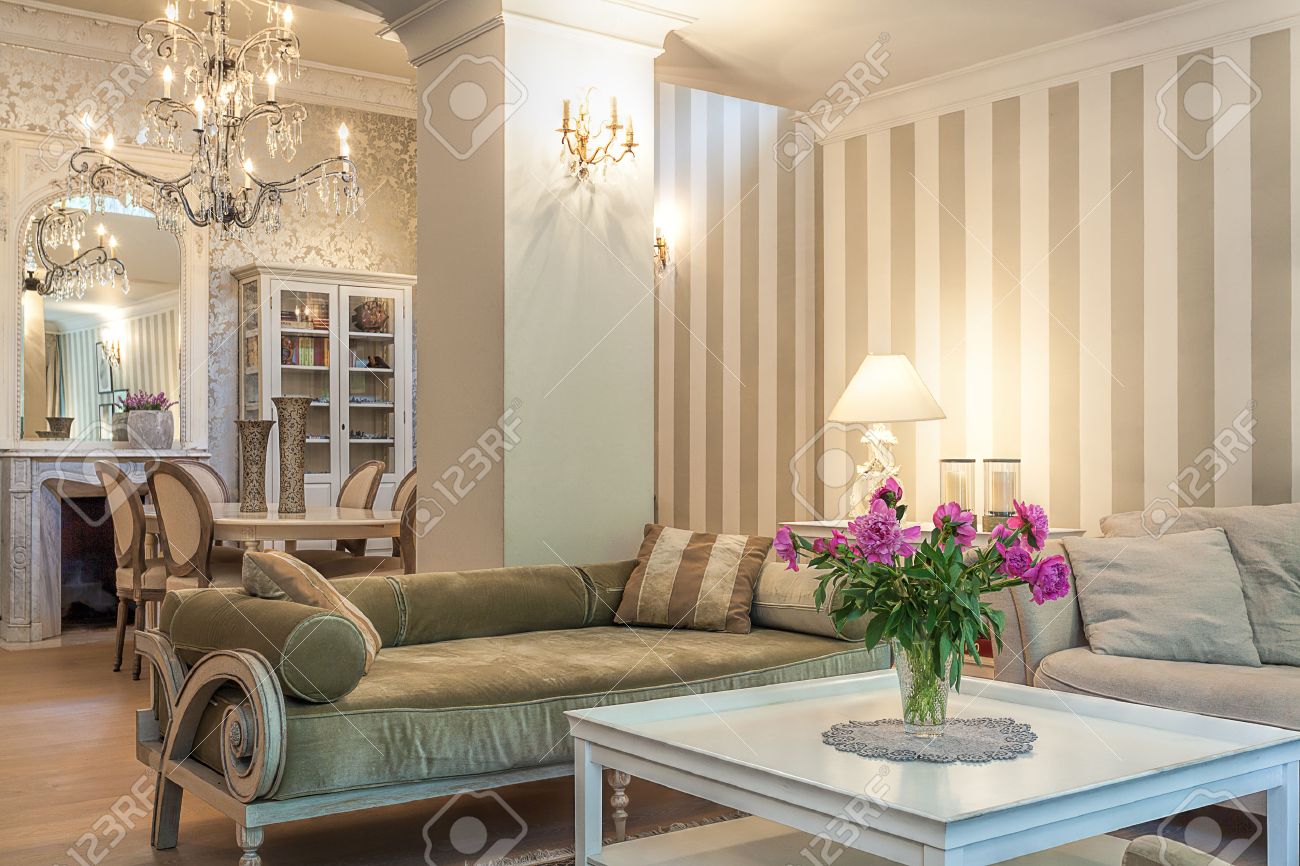 Vintage mansion a beige lounge in a retro apartment royalty free ...