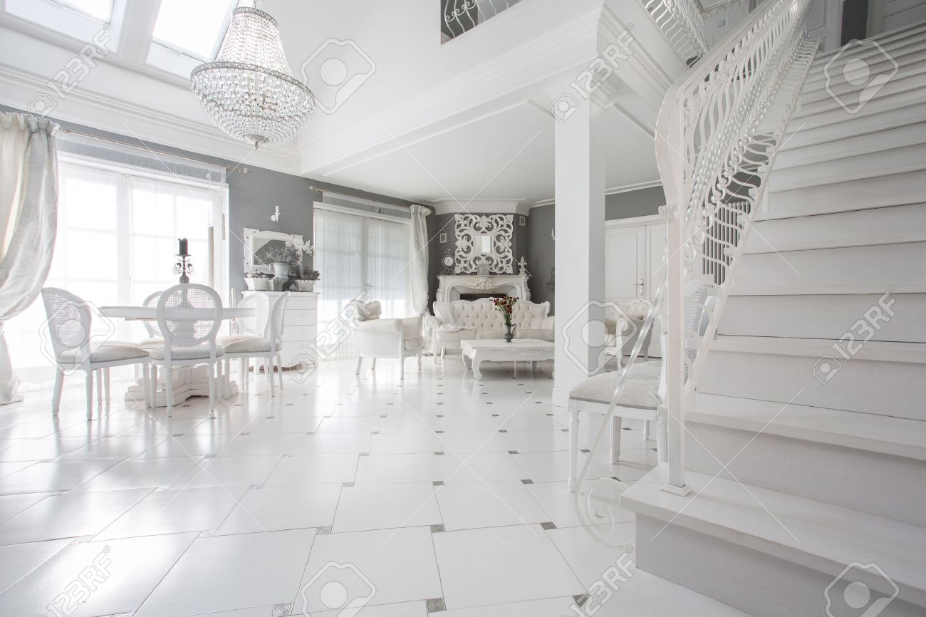 Exclusive White Living Room With Marble Floor Stock Photo Picture
