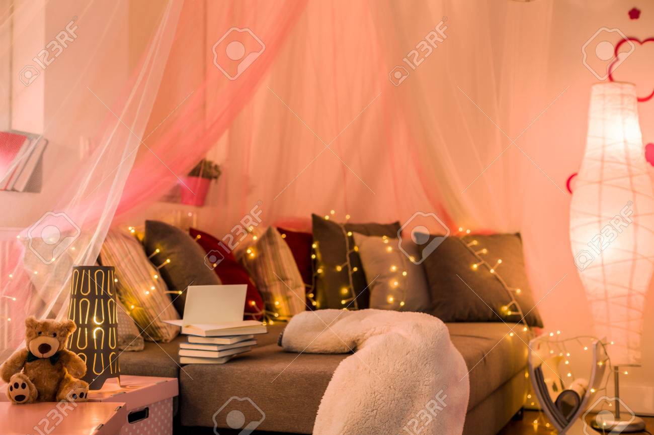 Fairy Lights And Baldachin In Teen Bedroom