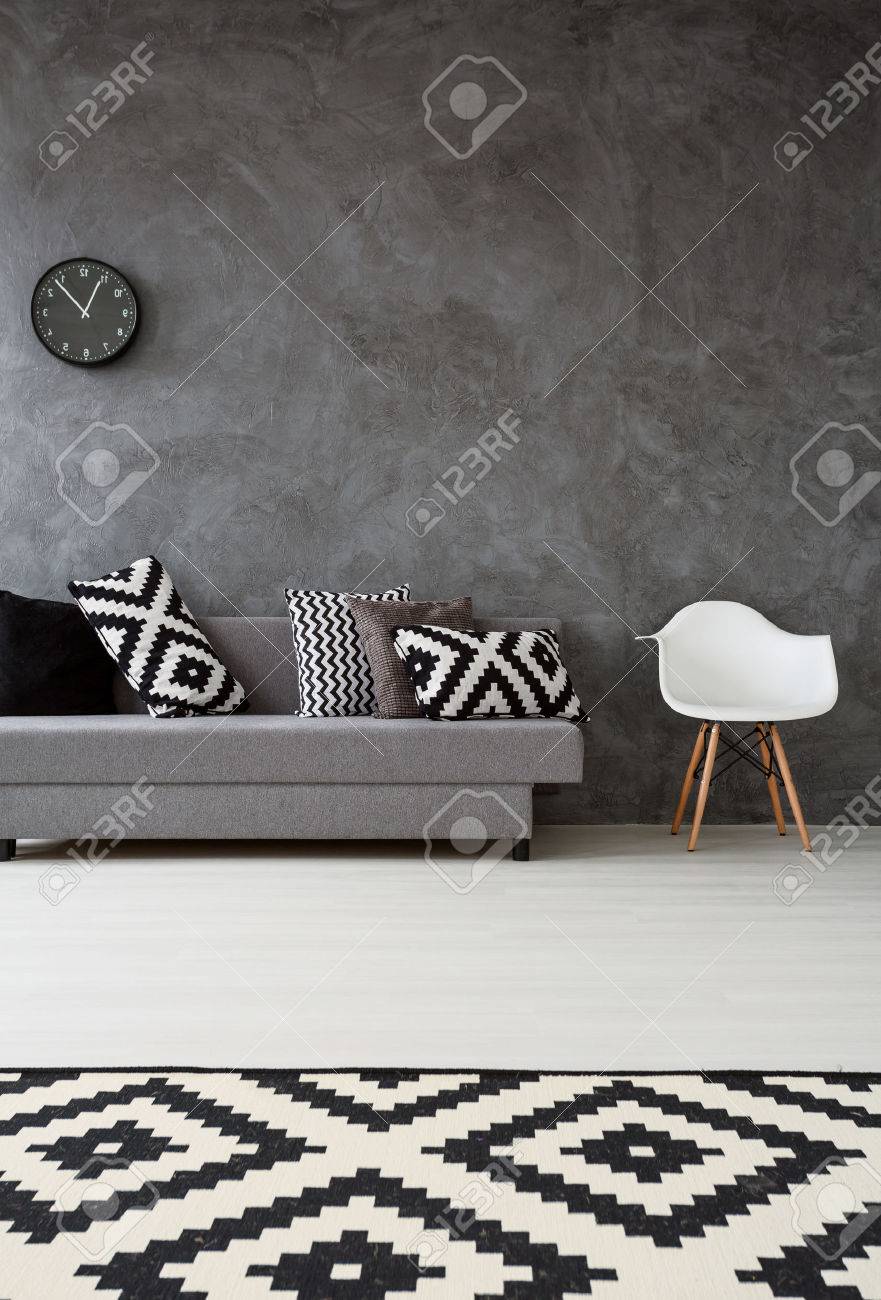 Grey Living Room With Sofa Chair Pattern Carpet And Pillows Grey Living Room With Sofa Chair Pattern Carpet And Pillows In Black White