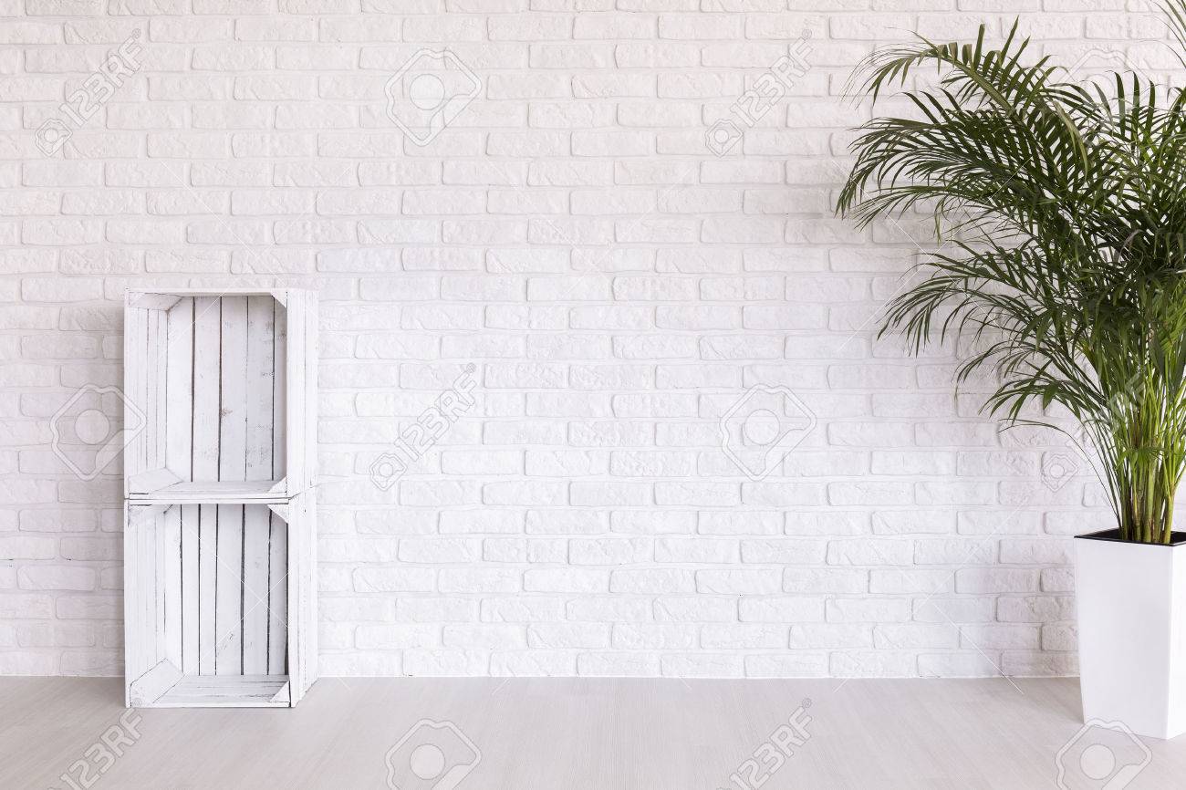 DIY regale made from wood boxes and plant in decorative plant standing in white interior with light flooring and brick wall - 54992049 DIY regale made from wood boxes and plant in decorative plant standing in white interior with light flooring and brick wall - 54992049