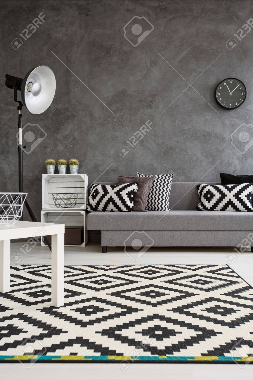 Décor Moderne De Salon Avec Murs Gris Et Tapis Noir Et Blanc Sur Parquet