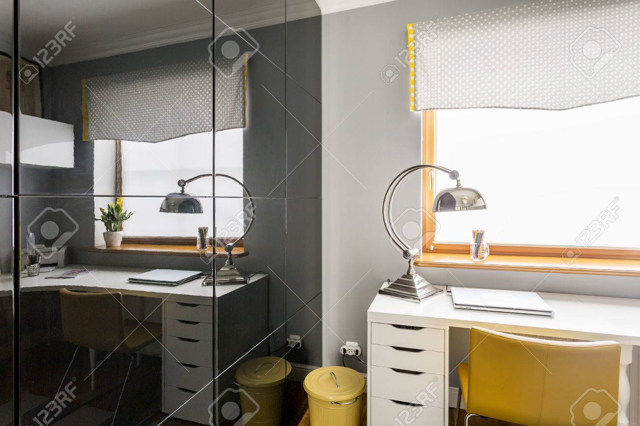 Stylish Study Room With Black Glass Sliding Wardrobe Doors, White ... Stylish Study Room With Black Glass Sliding Wardrobe Doors, White ...