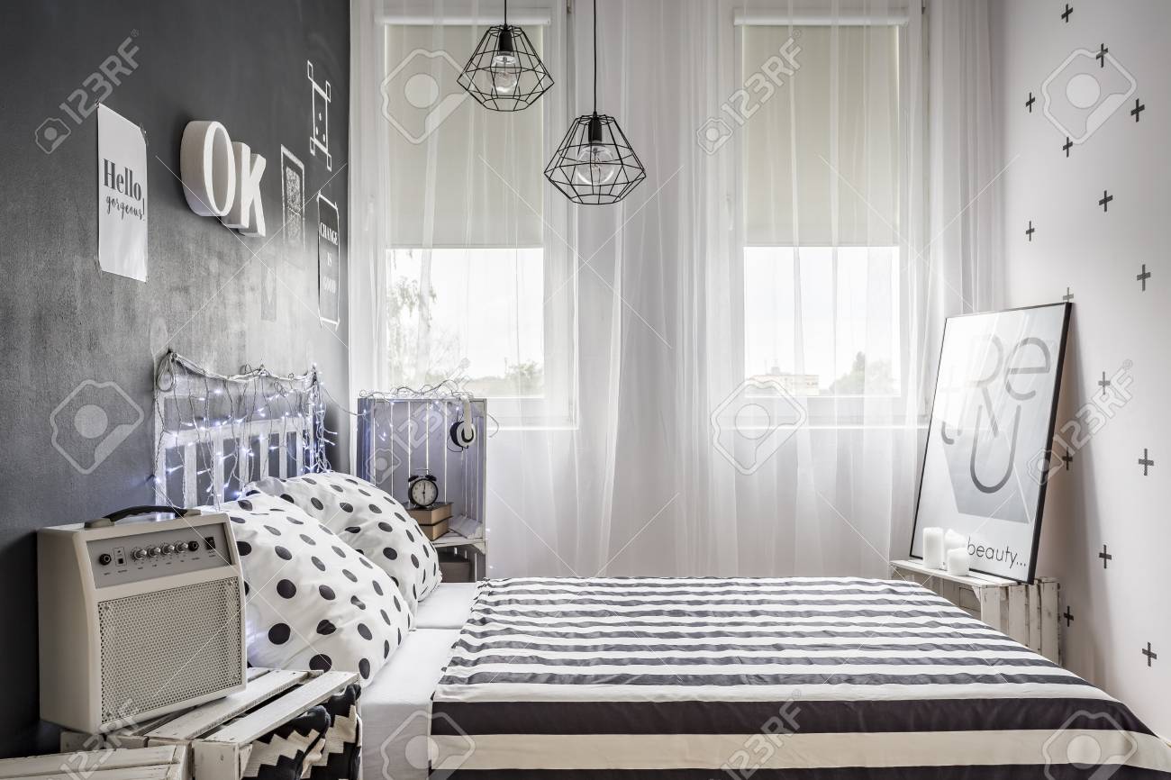Light New Style Bedroom With Window Large Bed And Chalkboard
