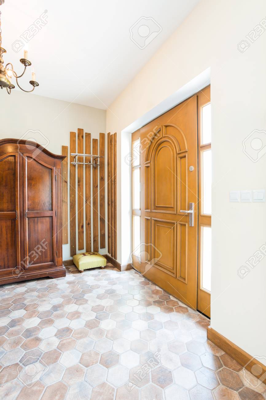 Old Fashioned Hall With Big Wooden Door Elegant Wardrobe And