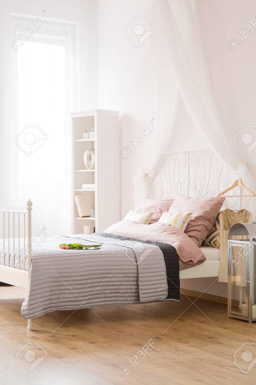 White Bedroom With Bed, Canopy, Window And Bookcase Stock Photo - White Bedroom With Bed, Canopy, Window And Bookcase Stock Photo