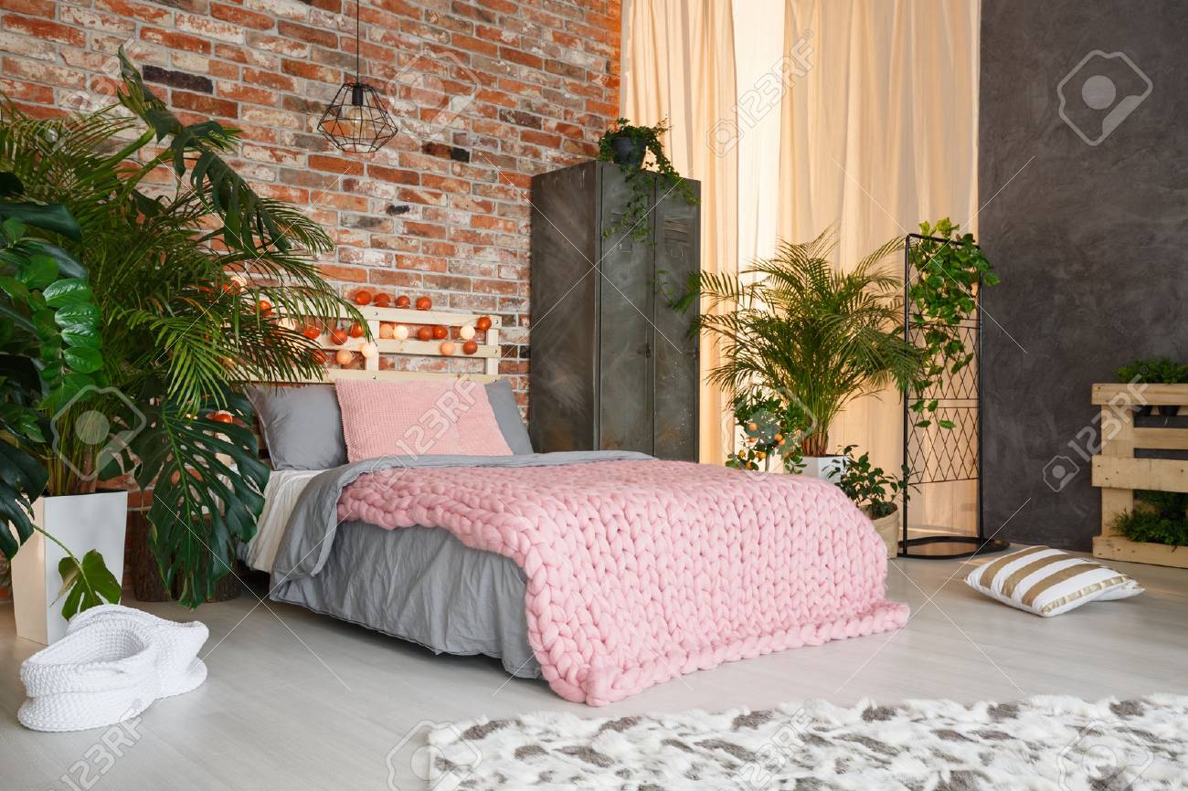 Modern Botanic Bedroom Design With Plants Bed And Locker
