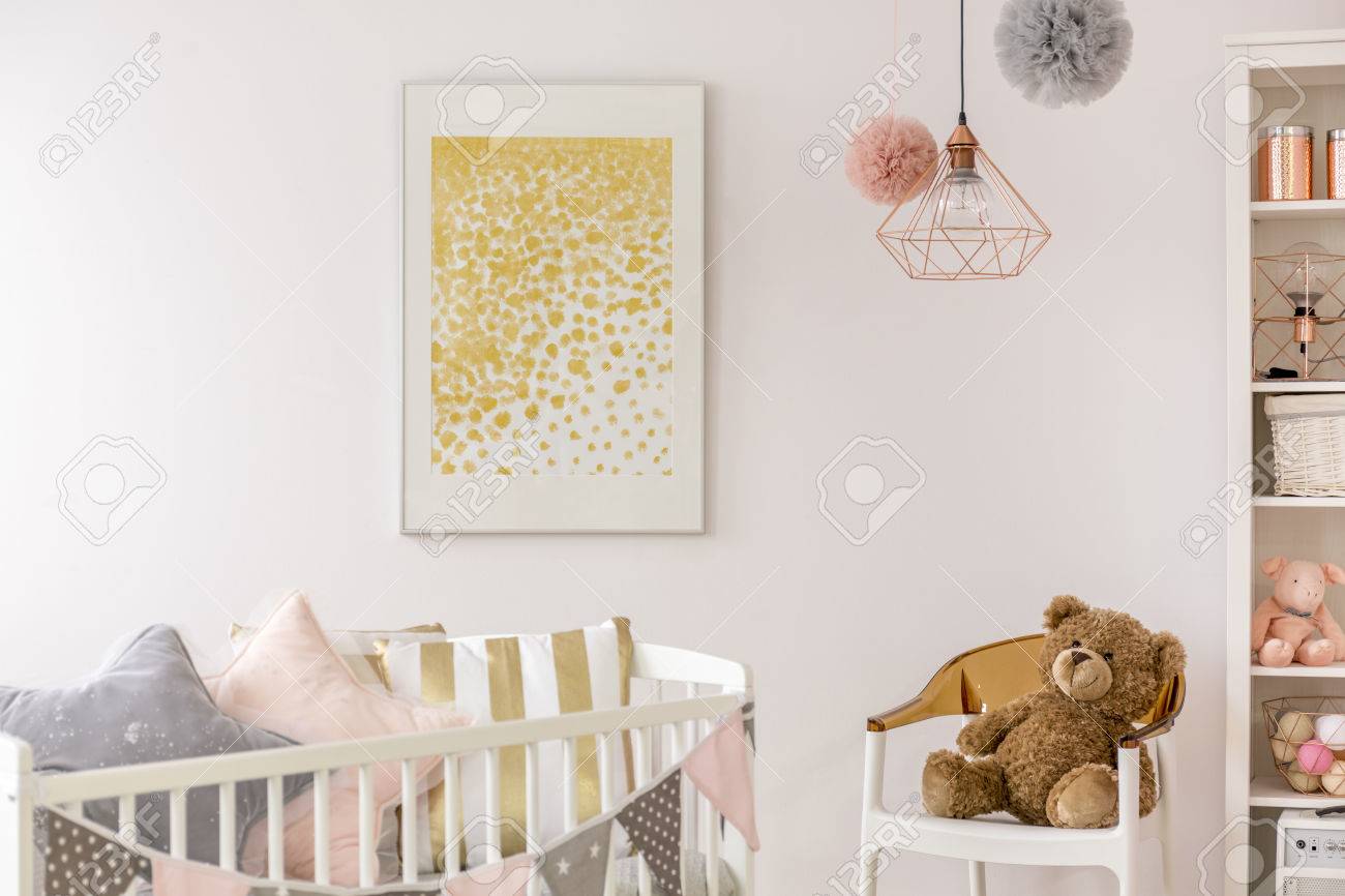Toddler bedroom with white crib, poster, chair and teddy bear - 77583564 Toddler bedroom with white crib, poster, chair and teddy bear - 77583564