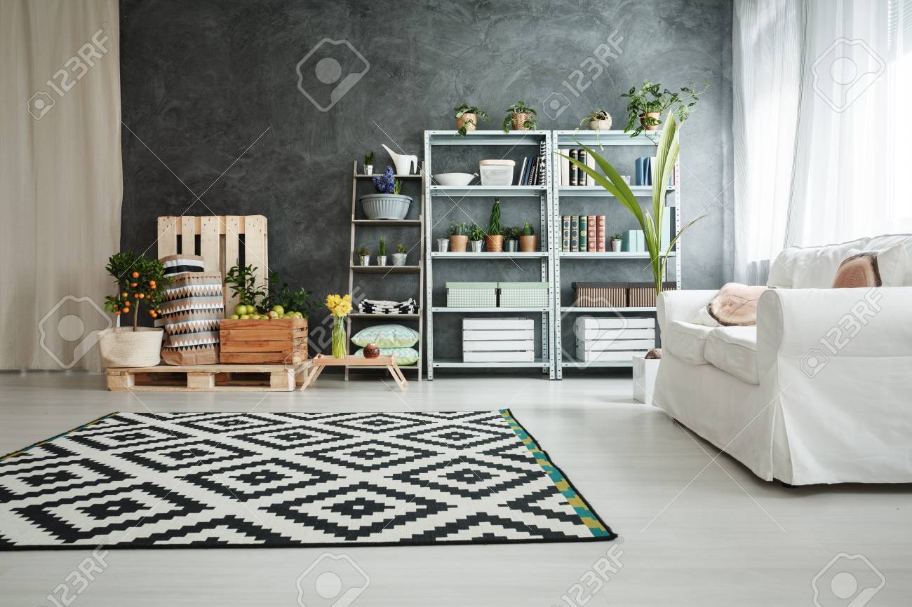 Black And White Spacious Living Room With Natural Botanic Design Stock Photo Picture And Royalty Free Image Image 78017248