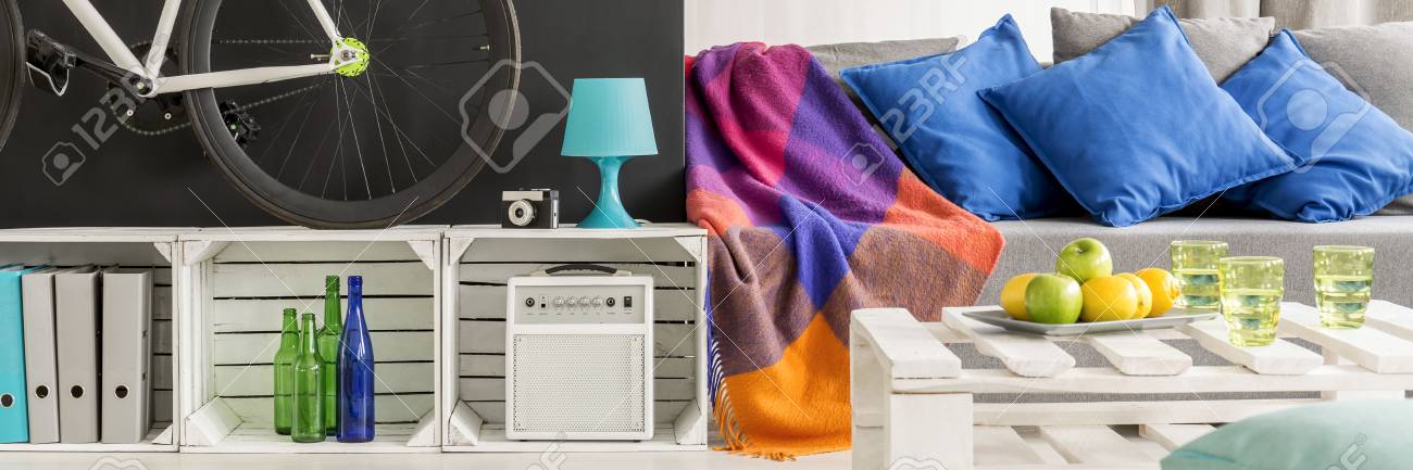 Modern Diy Accessories In Living Room With Grey Sofa Stock Photo