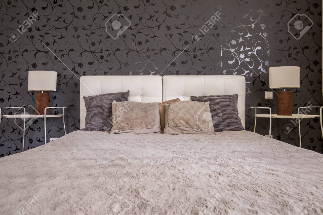 Dark Bedroom With Double Bed Black Pattern Wallpaper Two Nightstands