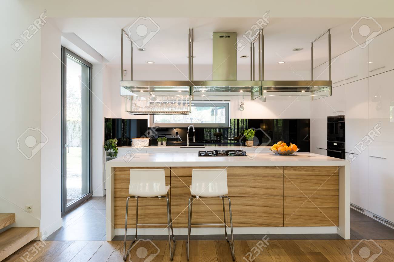 Open Plan Of Kitchen Area With A Modern Kitchen Island