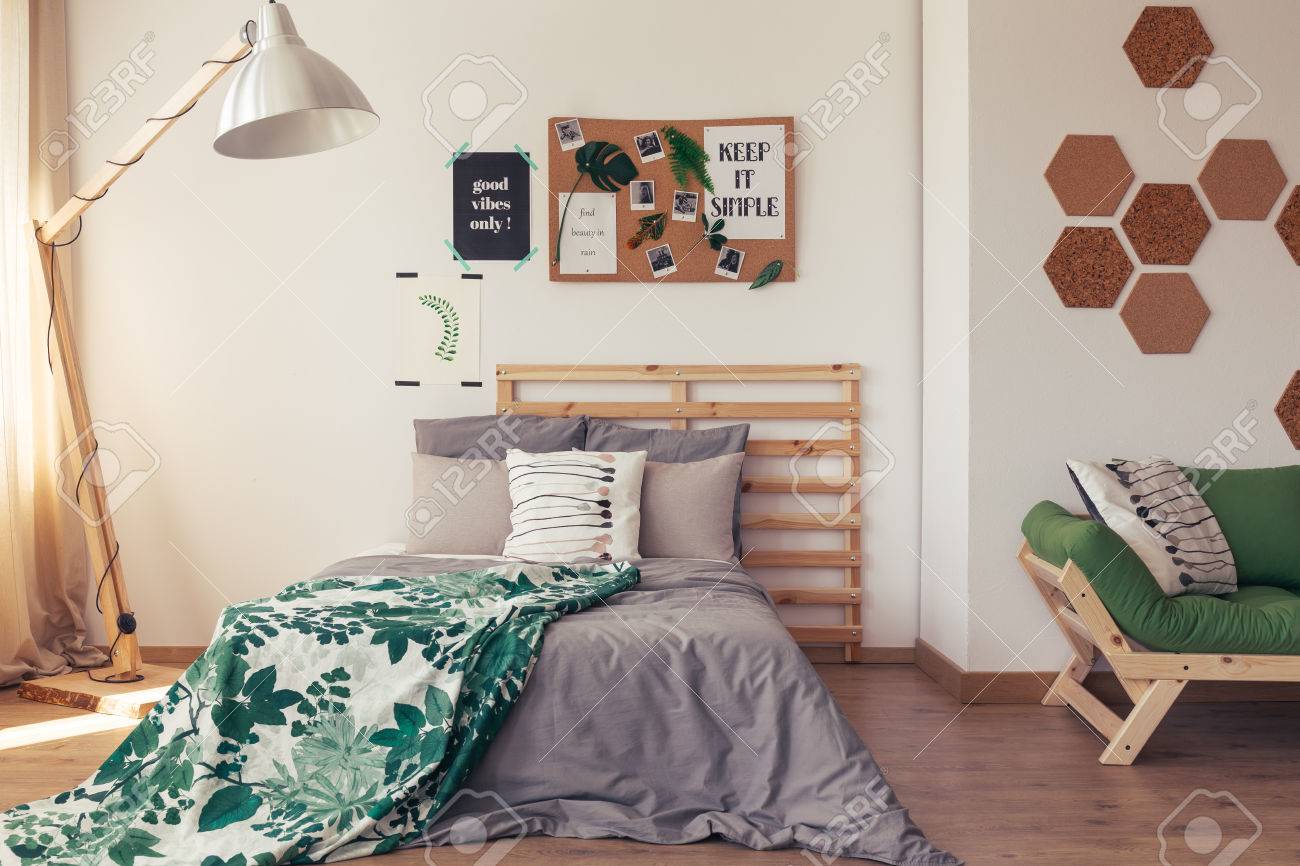 Botanic Eco Friendly Design In Natural Cozy Bedroom With Gray