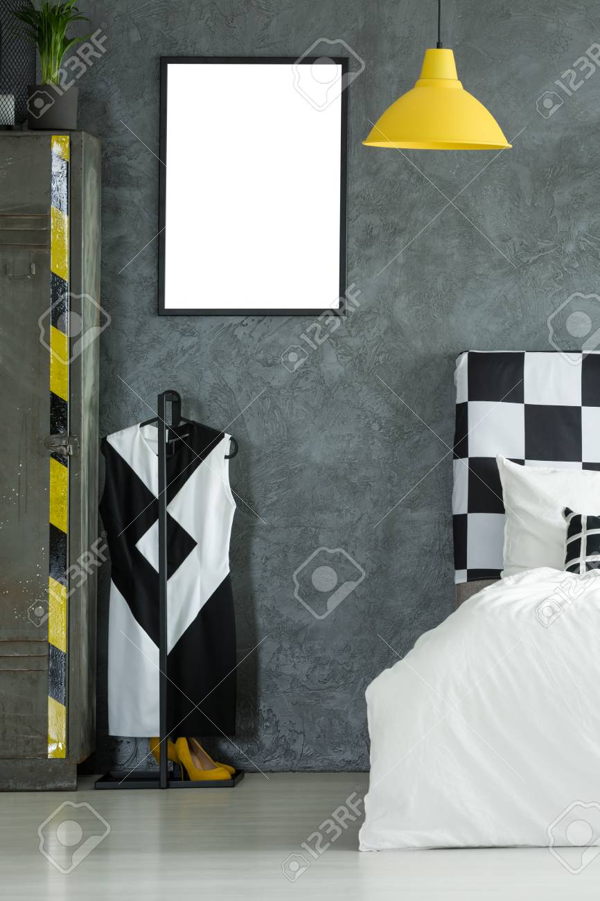 Download Mockup Of Bedroom With Yellow Lamp Above Bed With Checkered Bedhead Stock Photo Picture And Royalty Free Image Image 87416262 PSD Mockup Templates
