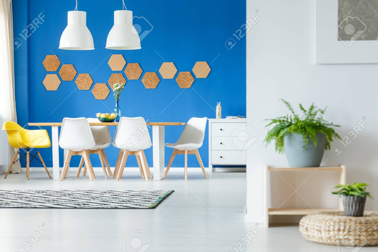 Stock photo yellow chair at long dining table in inspiring dining room with unique natural decoration on blue wall