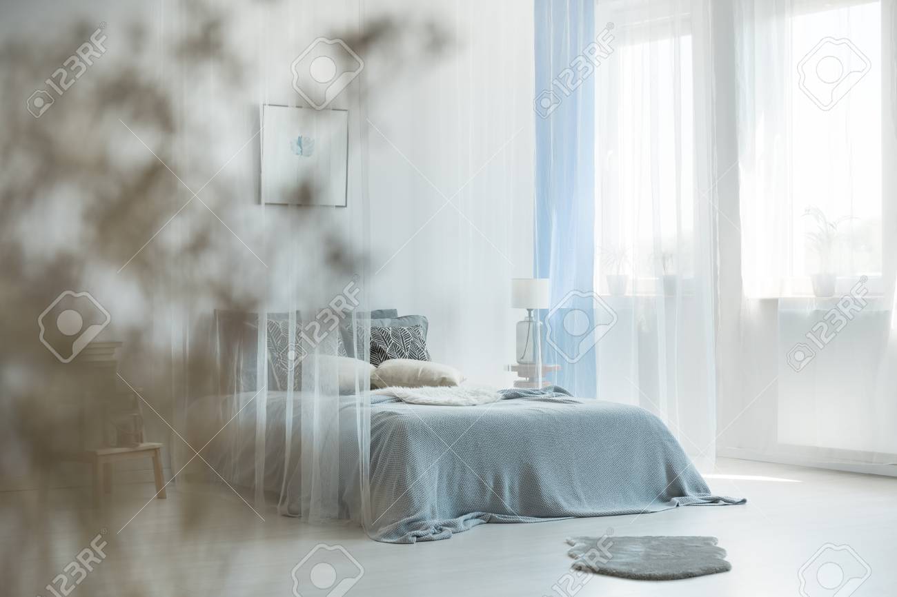 King-size Bed With Canopy In Monochromatic Bedroom Interior With - King-size Bed With Canopy In Monochromatic Bedroom Interior With