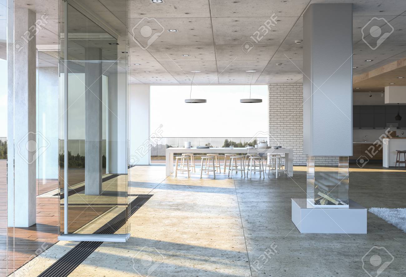 白いダイニング テーブルとレンガの壁に対して椅子モダンなコンクリートの家にガラスの入り口 3 D レンダリング の写真素材 画像素材 Image