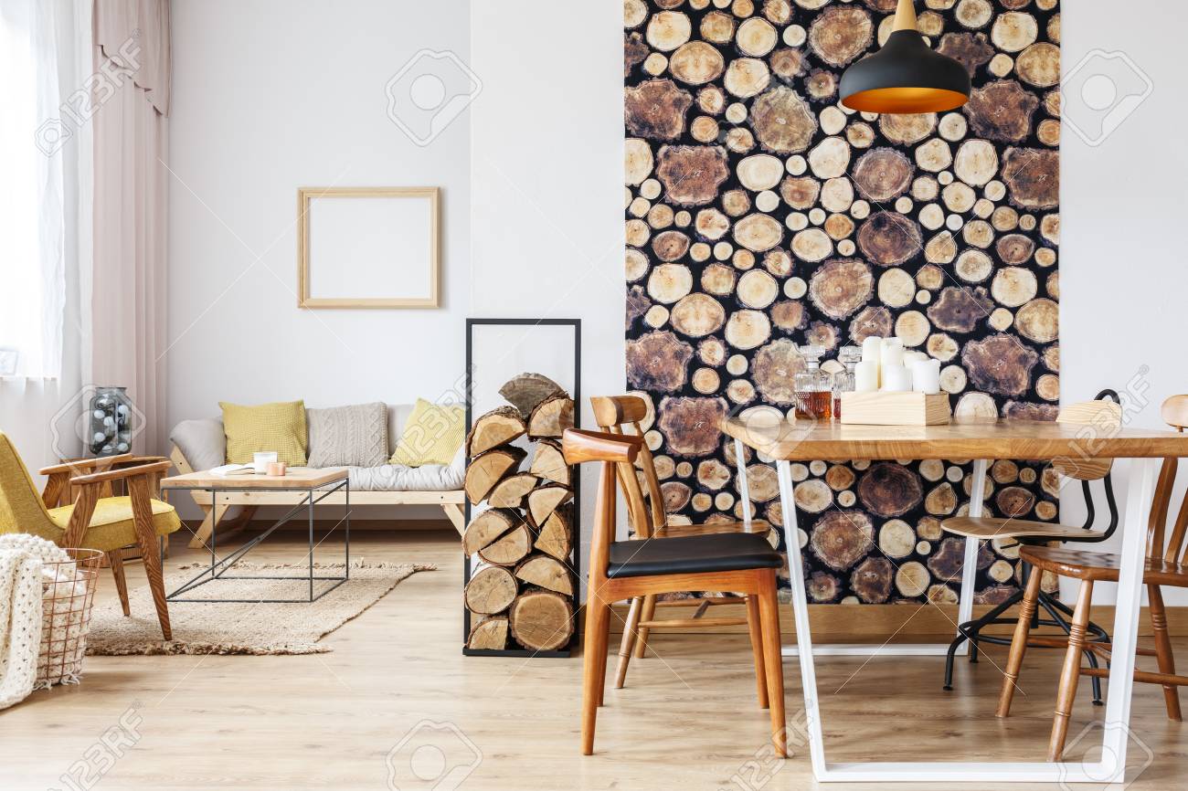 Spacious Bright Apartment Designed In Rustic Style With Logs Of Wood Decorations Dining Table And Spacious Bright Apartment Designed In Rustic Style With Logs Of Wood Decorations Dining Table And