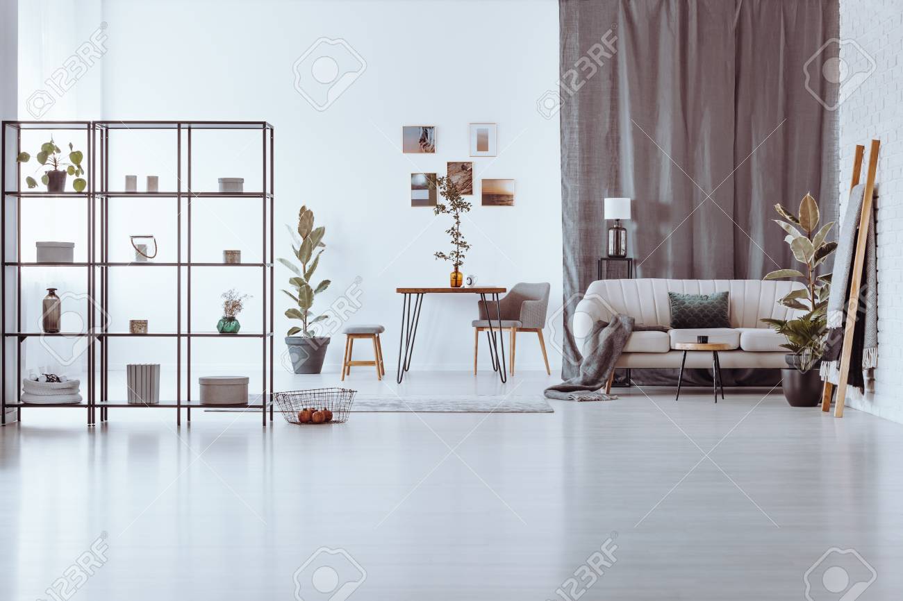 Stylish Sitting Room With Potted Plants, Black Metal Rack And ... Stylish Sitting Room With Potted Plants, Black Metal Rack And ...
