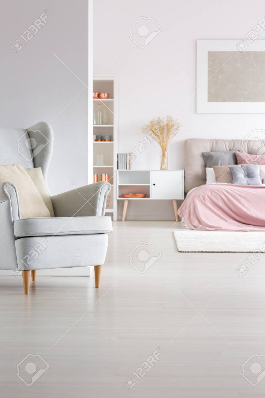 Open Space Pastel Master Bedroom Of Cozy Home Interior With White