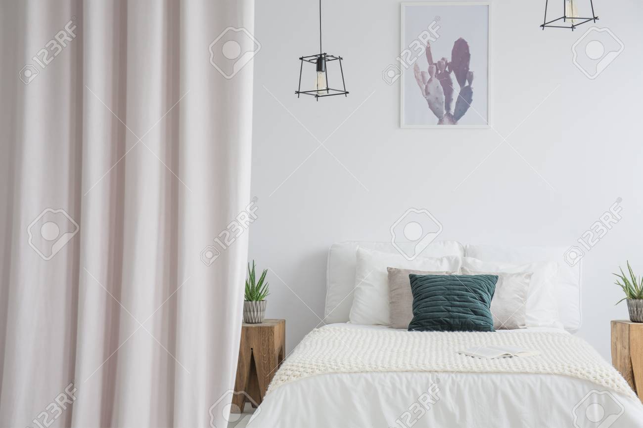 Pastel Curtain In Bright Bedroom With Simple Poster On White
