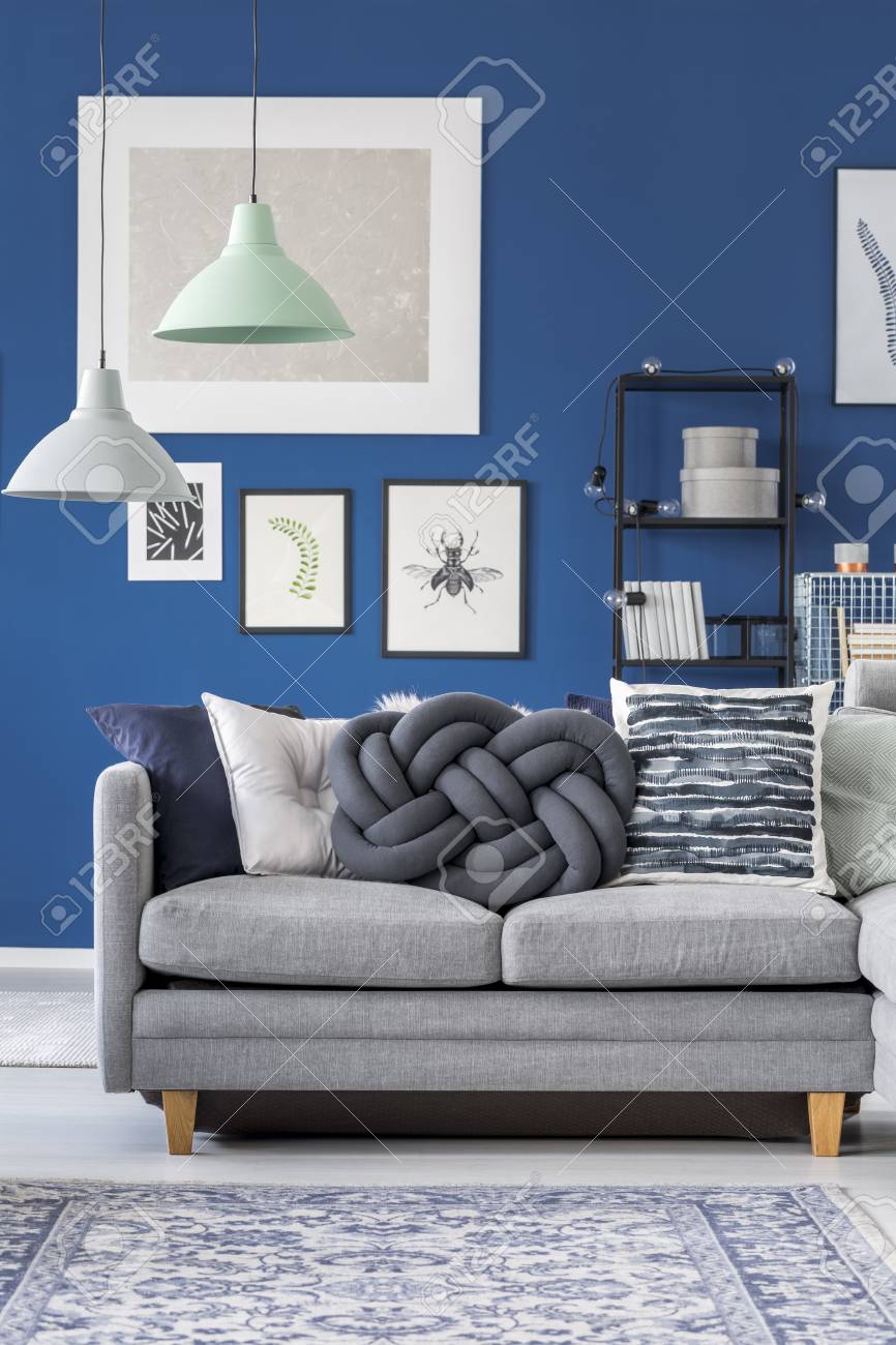 Close Up De Canapé Gris Avec Oreiller Assis Dans Un Salon Bleu Avec Un Tapis De Tapis
