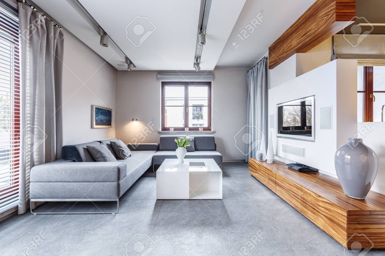 vase on long wooden, cupboard in modern, grey living room interior..