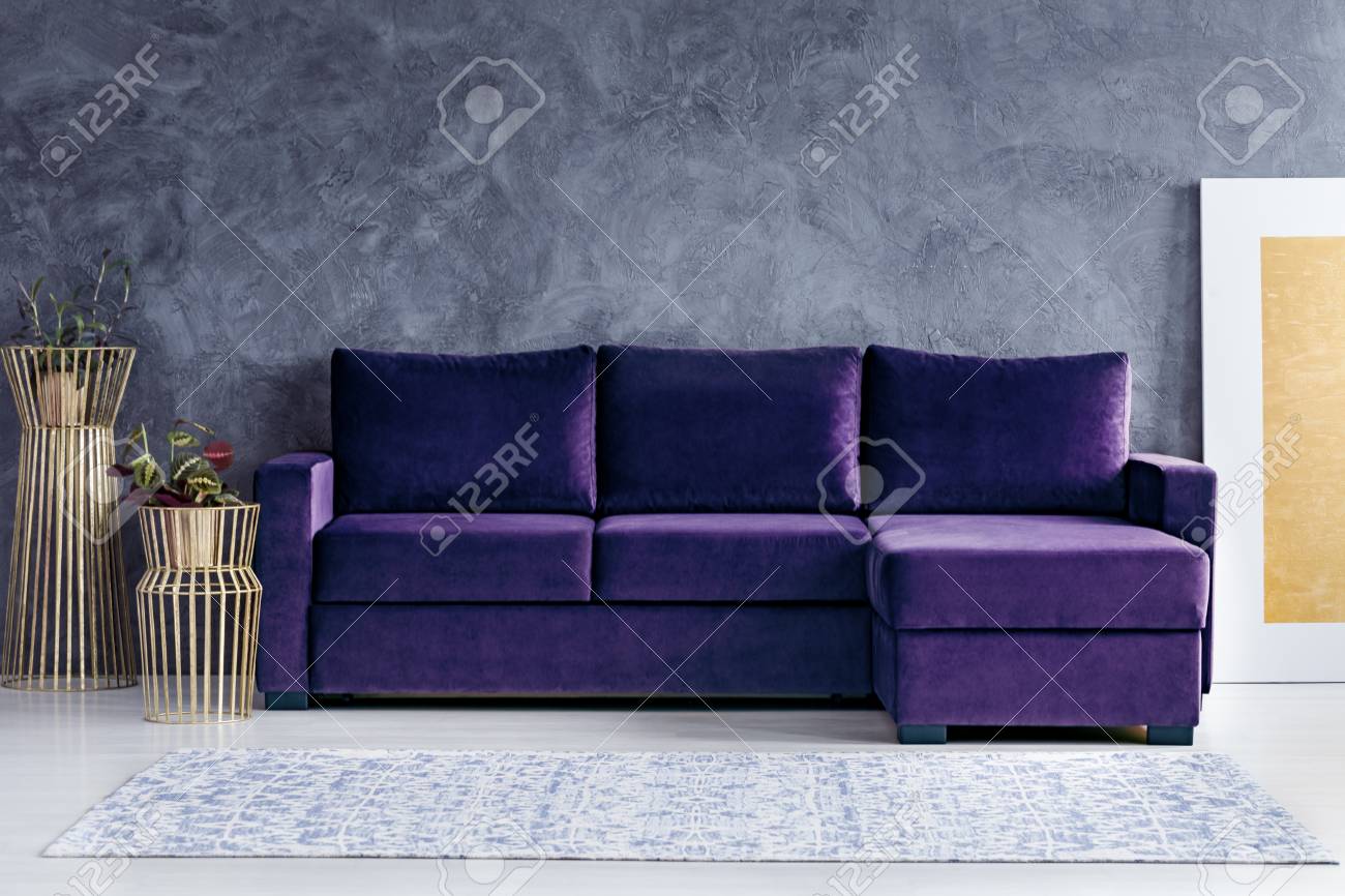 Velvet Corner Sofa Next To Gold Pots In Glamour Living Room Interior.. Stock Photo, Picture And Royalty Free Image. Image 98136967.
