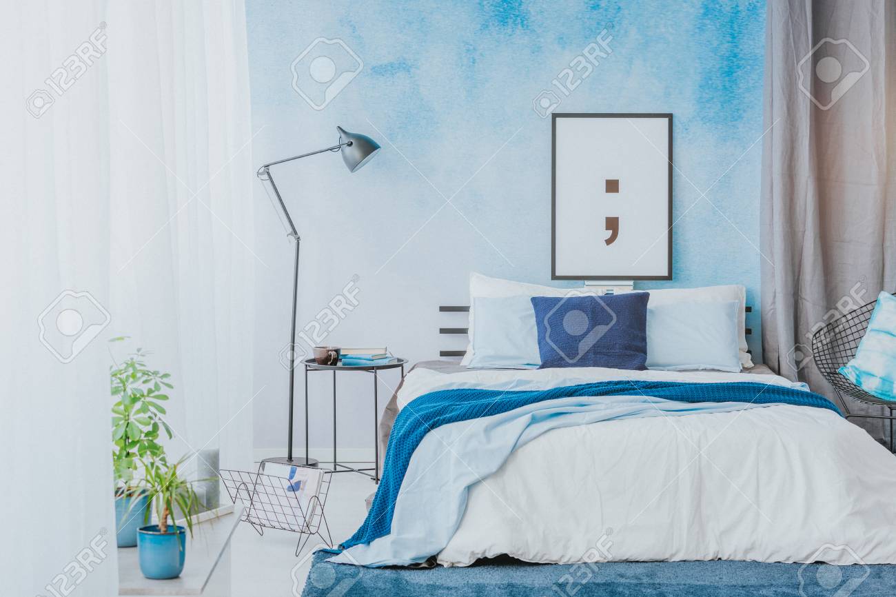 Romantic Bedroom Interior With Blue Accents Poster Lamp And