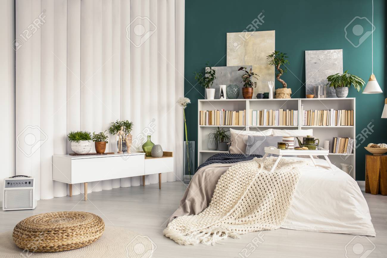 Modern Bedroom Interior With Potted Plants Turquoise Green Wall