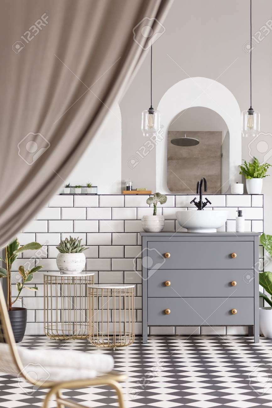 Grey Cabinet With Washbasin In Modern Bathroom Interior With