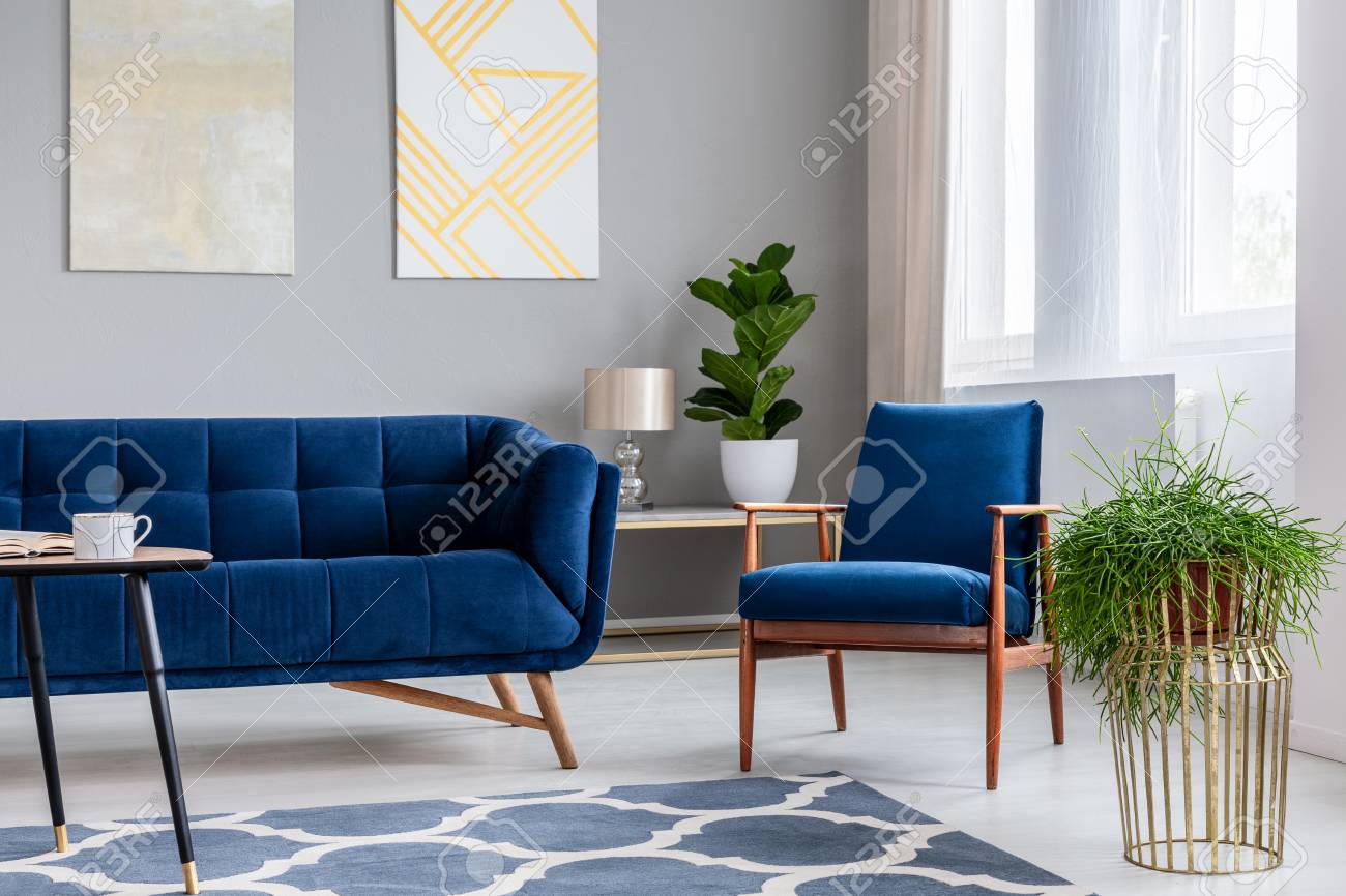 Navy blue armchair standing next to sofa in real photo of bright living room interior with