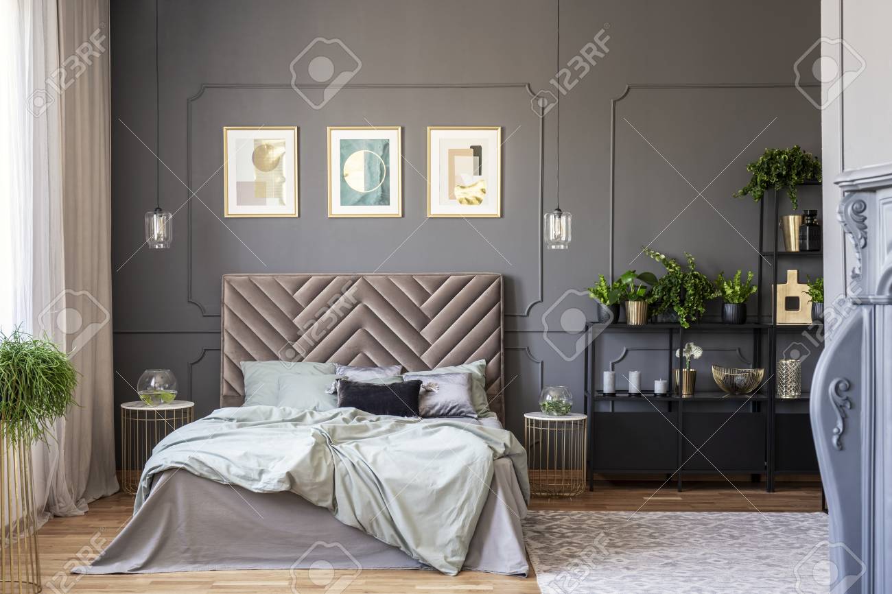 Dark Bedroom Interior With A Comfy Double Bed Posters Black