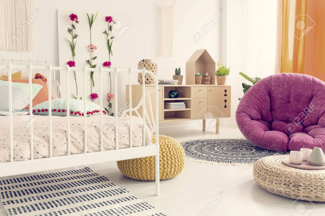 Stylish Amaranth Armchair In Elegant Girl S Boho Bedroom Interior