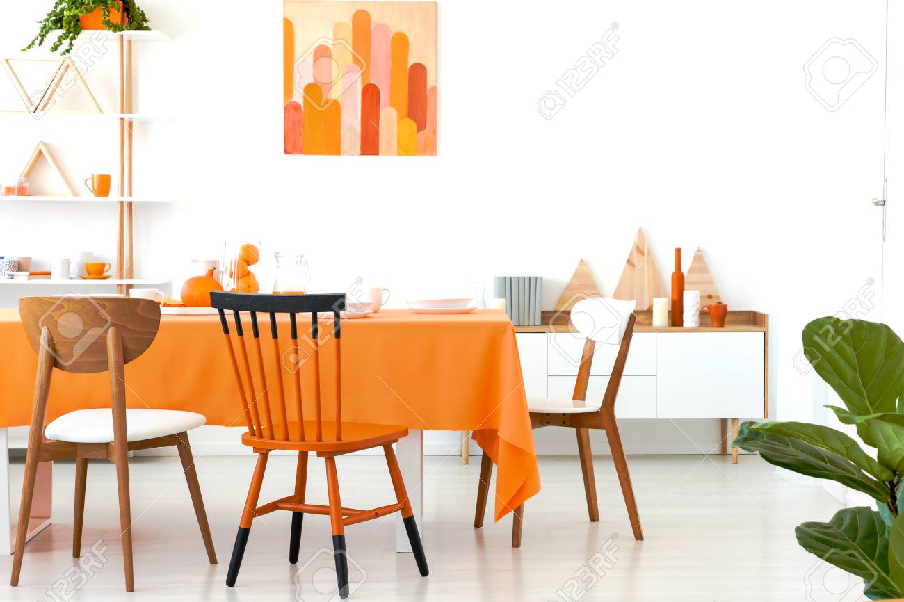 Three different chairs placed by the long dining table with orange tablecloth and dinnerware.White room interior with rack with decor, simple poster and cupboard with books - 112394840 Three different chairs placed by the long dining table with orange tablecloth and dinnerware.White room interior with rack with decor, simple poster and cupboard with books - 112394840