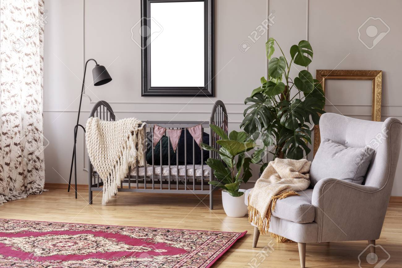 Download Grey Armchair And Carpet In Baby S Bedroom Interior With Mockup Stock Photo Picture And Royalty Free Image Image 118387917
