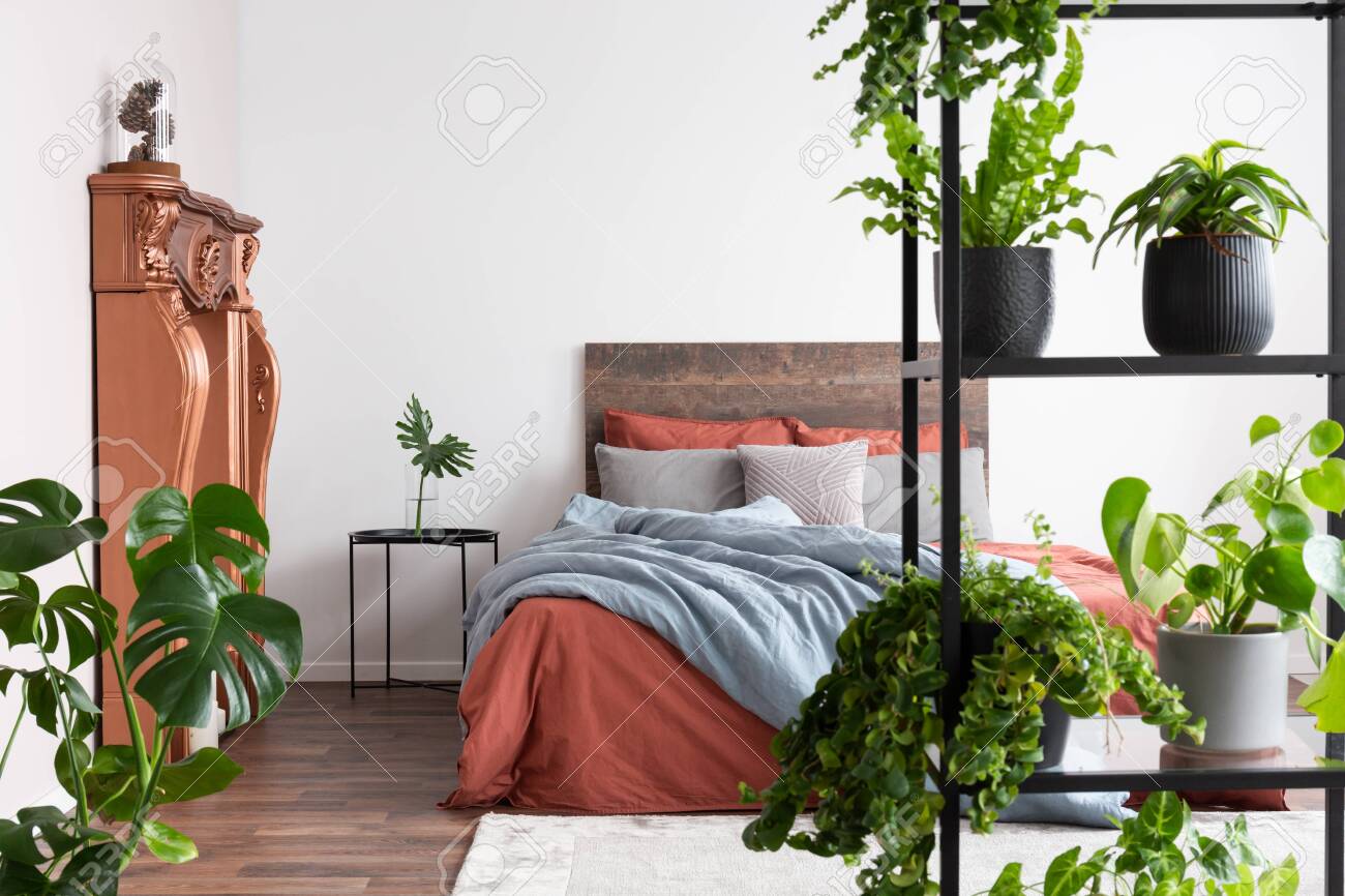 Lots Of Plants In Natural Minimalist Bedroom With Coral And Light