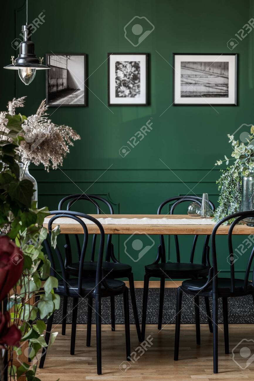 Real photo of black chairs standing at a wooden table in elegant dining room interior with framed photos on green wall - 125785288 Real photo of black chairs standing at a wooden table in elegant dining room interior with framed photos on green wall - 125785288