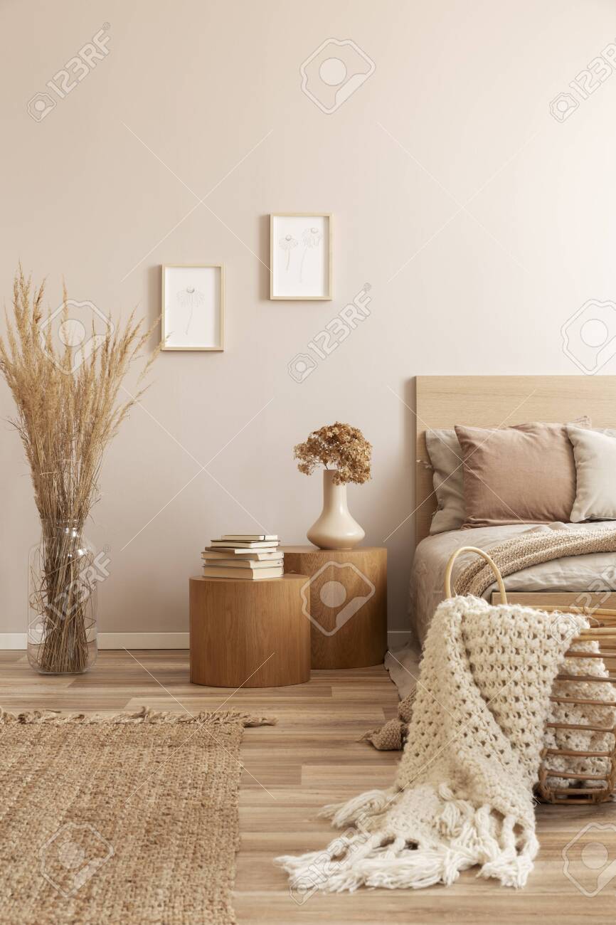 Beige Kid S Room With Wooden Nightstand With Flowers And Single Stock Photo Picture And Royalty Free Image Image 135337326