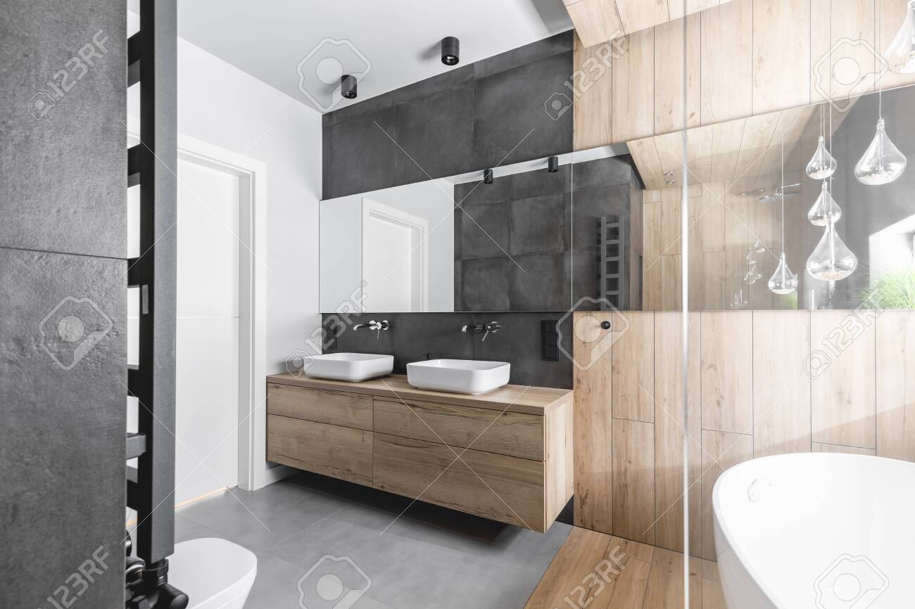 Double Sinks In Elegant White Concrete And Wooden Bathroom Interior Stock Photo Picture And Royalty Free Image Image 138292206