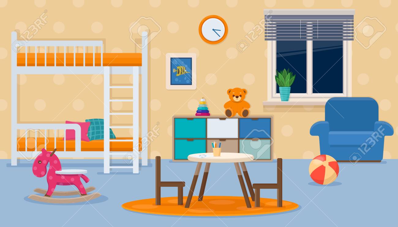 Kids Room With Neutral Colors. Childrens Bedroom Interior With Furniture  And Toys. Vector Illustration In A Flat Style Royalty Free SVG, Cliparts,  Vectors, And Stock Illustration. Image 141277595.