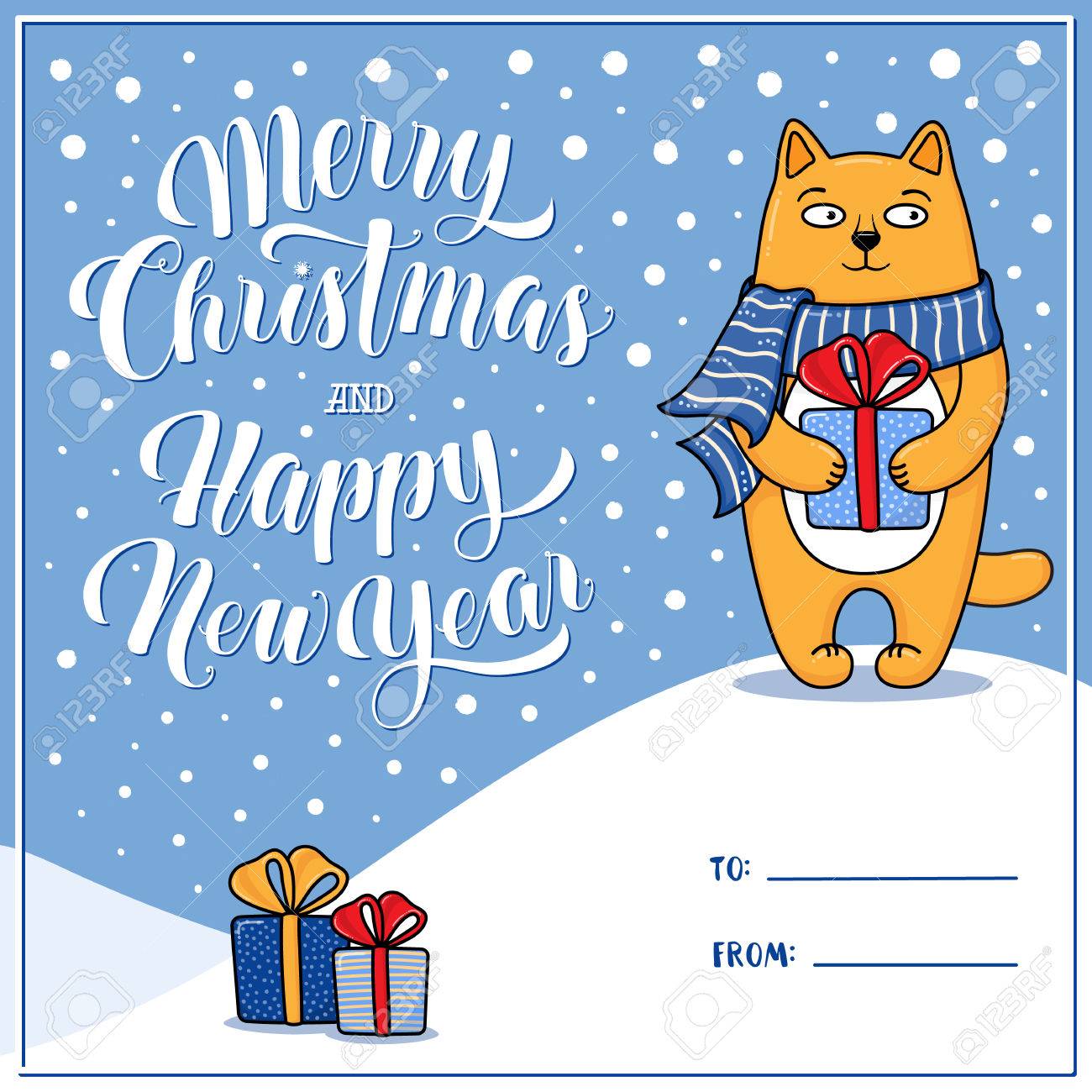 Joyeux Noel Et Bonne Annee Carte De Voeux Avec Le Chat Les Cadeaux La Neige Le Lettrage Et Le Lieu Pour La Signature Et A Partir De Illustration De Bande Dessinee Noel